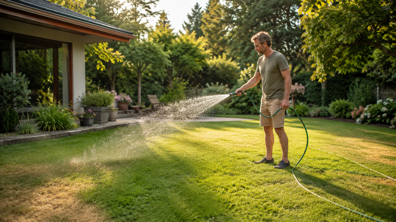 Rasen im Garten bei  Hitze bewässern