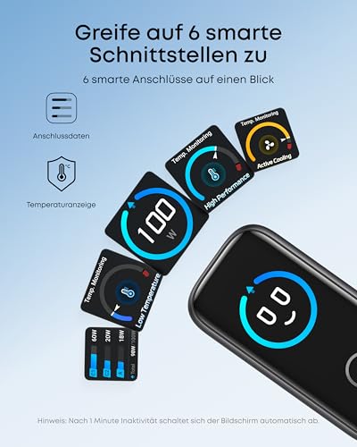 Anker Ladegerät (100W, 3 Ports, Smart Display) mit USB-C Kabel