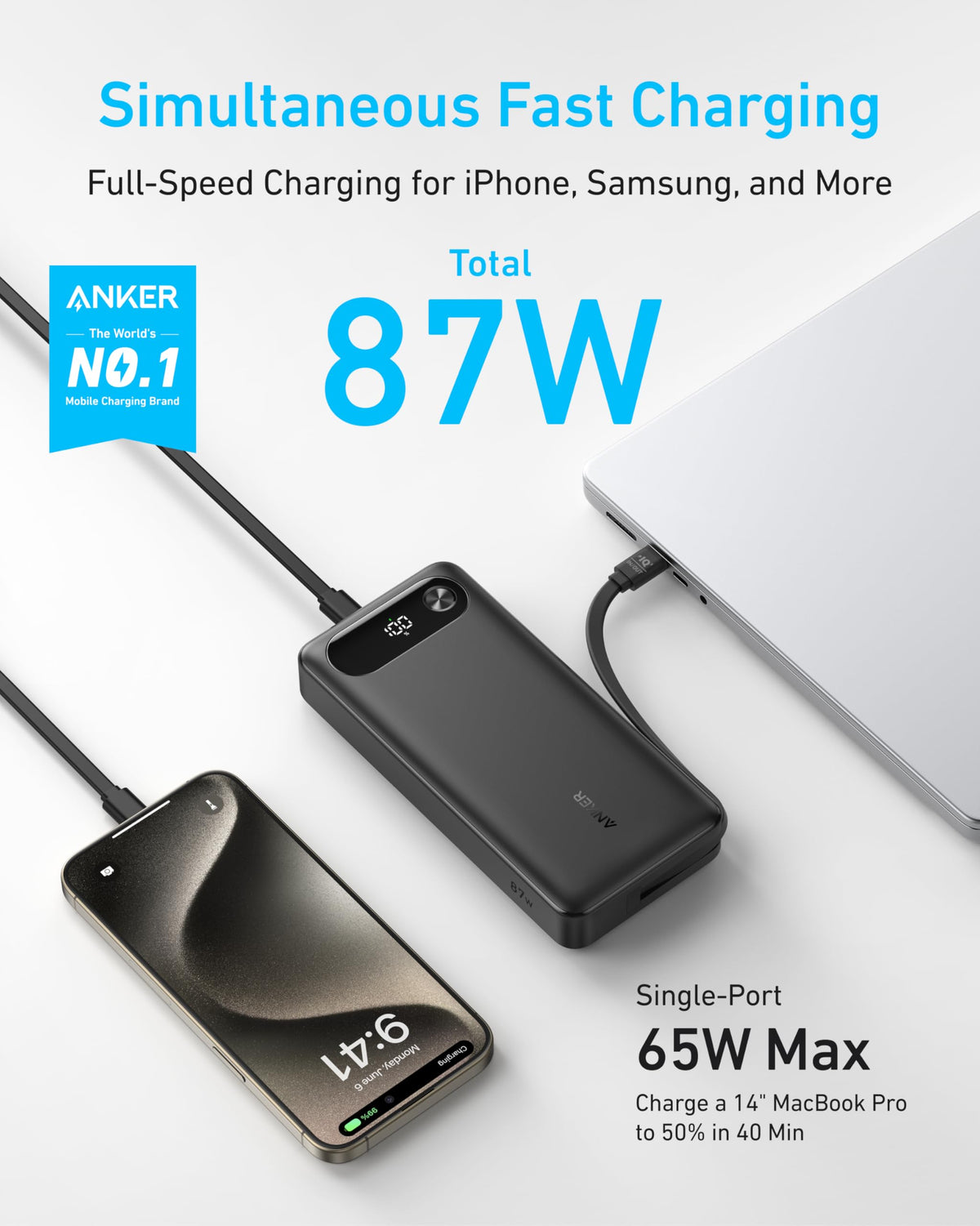 Anker Powerbank (20K, 87W, Integriertes USB-C Kabel)